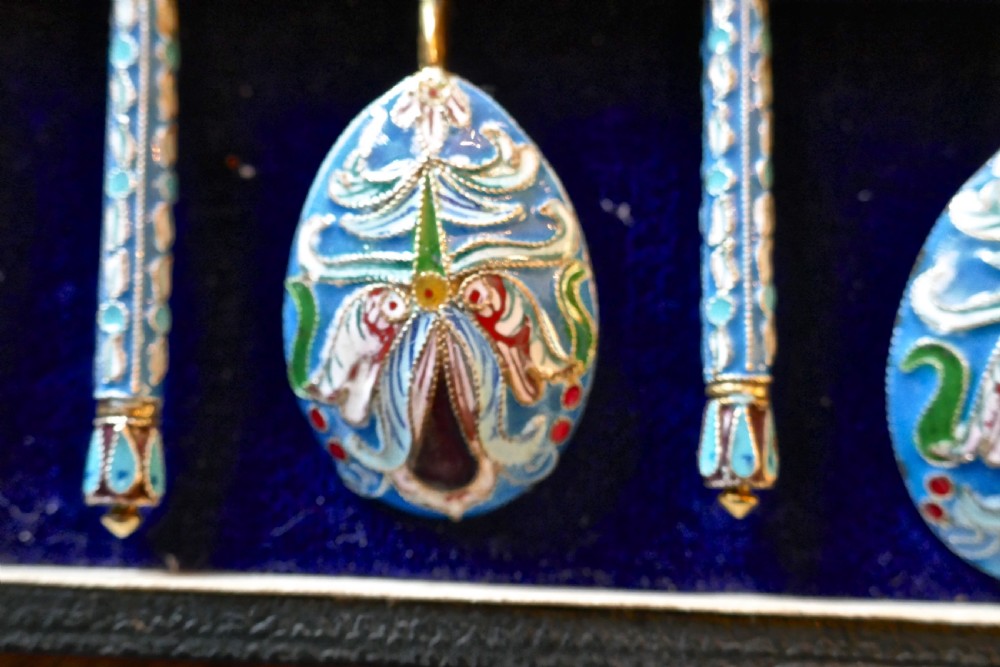 A Good Set Of 6 Russian Imperial Silver Pale Blue Cloisonné Enamel Spoons  View IX