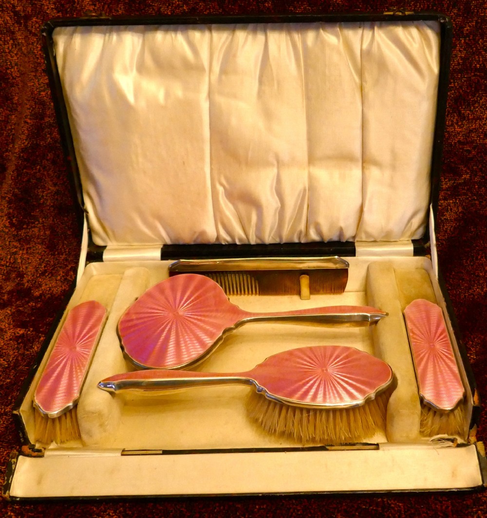 Solid Silver & Guilloché Dressing Table Vanity Set, Original Box