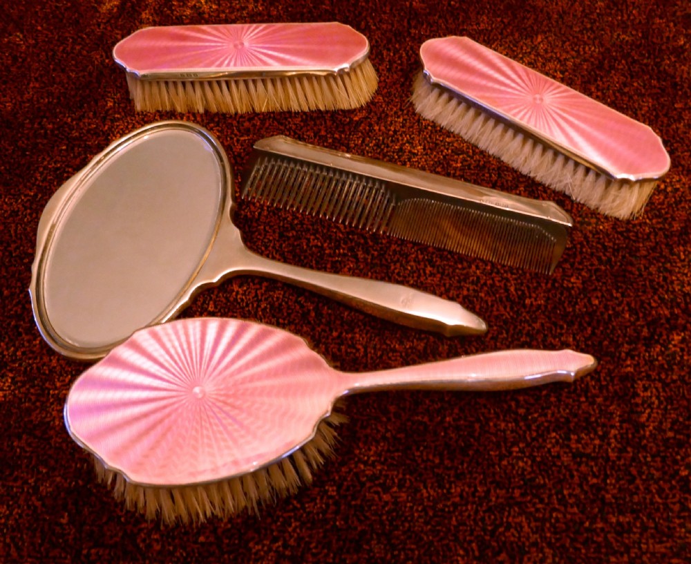 Solid Silver & Guilloché Dressing Table Vanity Set, Original Box View III