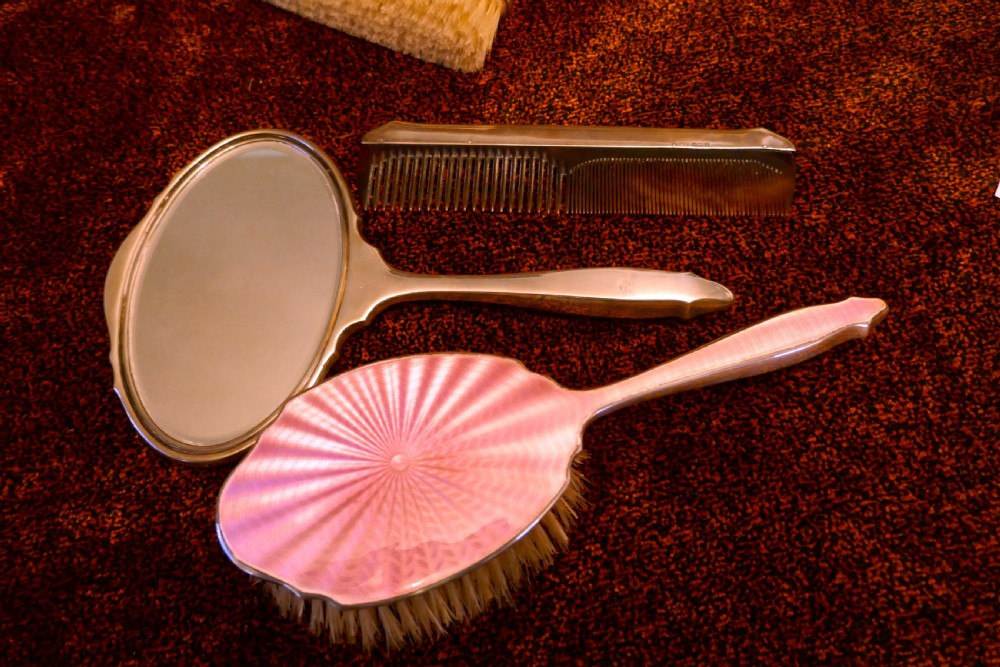 Solid Silver & Guilloché Dressing Table Vanity Set, Original Box View IV