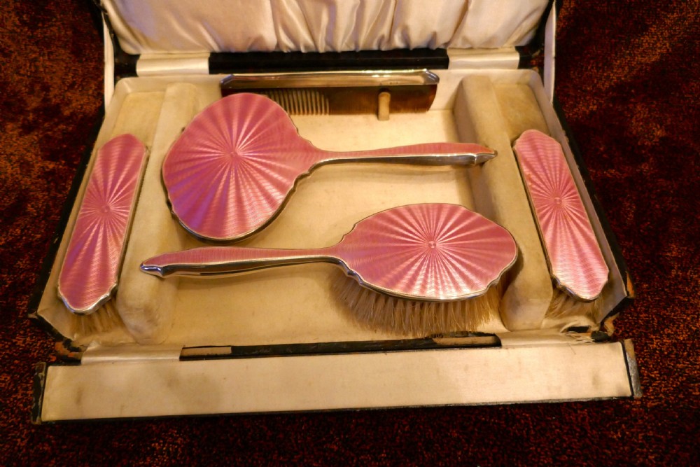 Solid Silver & Guilloché Dressing Table Vanity Set, Original Box View X