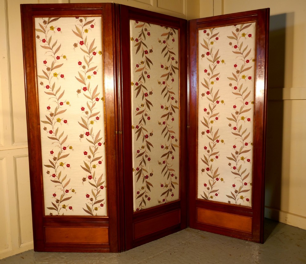 Victorian 3 Fold Mahogany Dressing Screen with Upholstered Panels