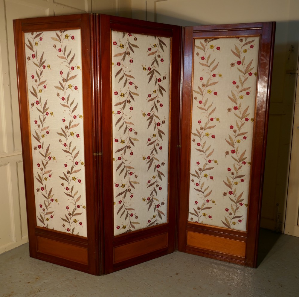 Victorian 3 Fold Mahogany Dressing Screen with Upholstered Panels View V
