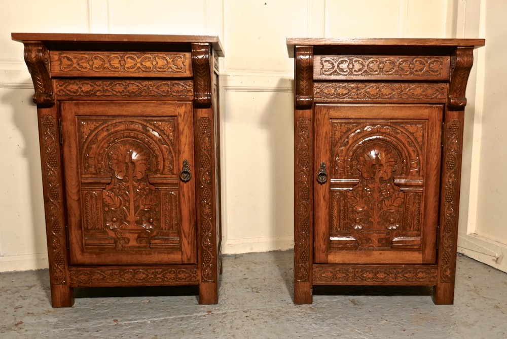 Pair of Carved Gothic Golden Oak Bedside Cupboards  