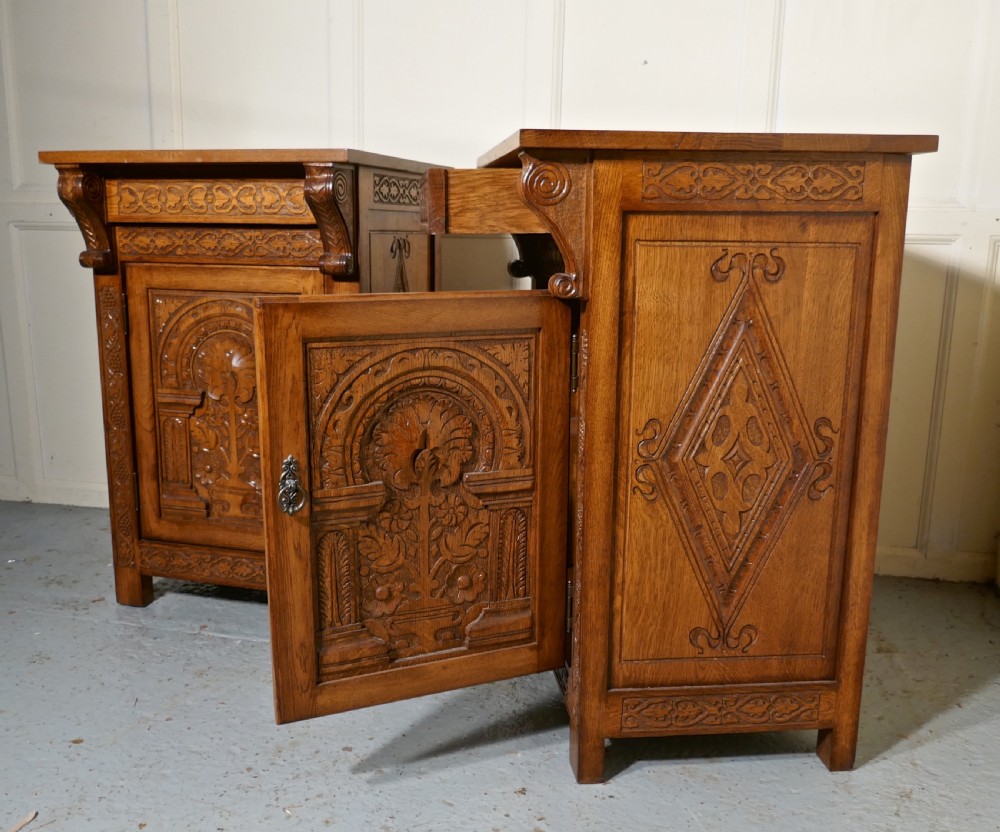 Pair of Carved Gothic Golden Oak Bedside Cupboards   View VI