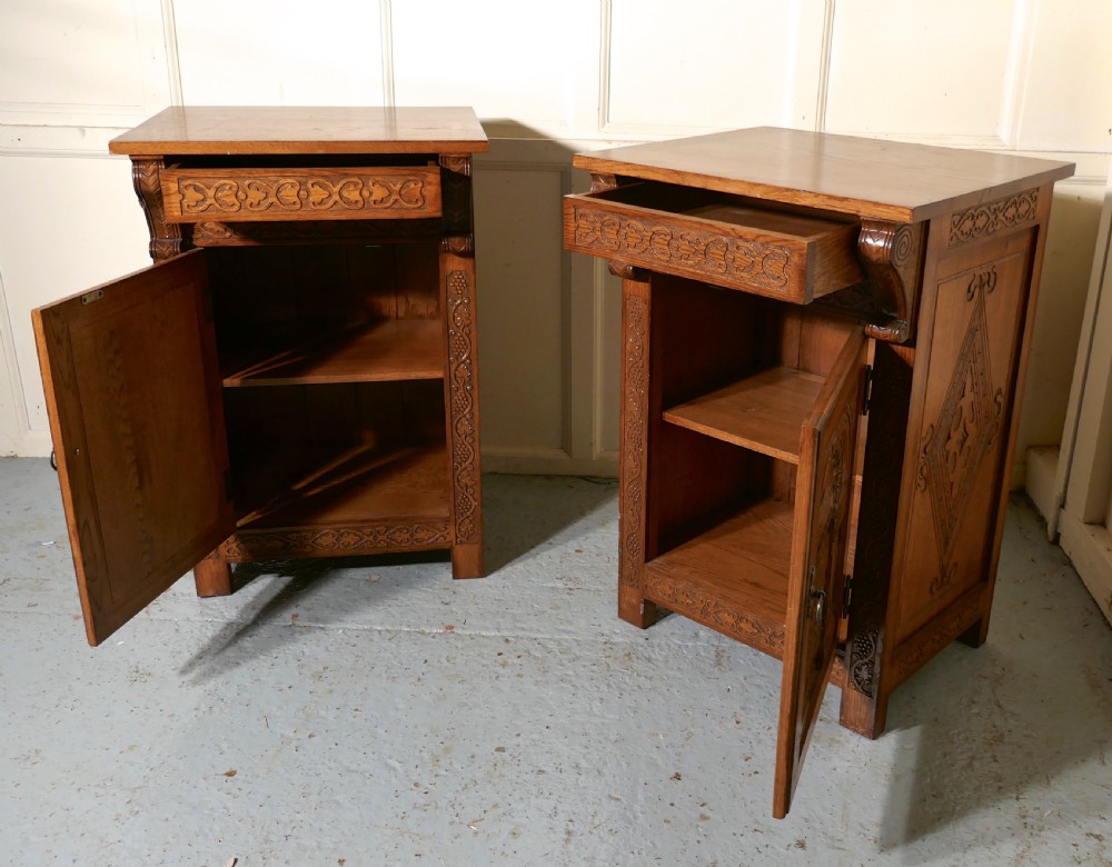 Pair of Carved Gothic Golden Oak Bedside Cupboards   View VII