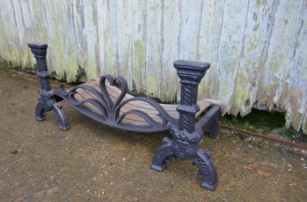 19th Century Celtic Design Iron Andirons with Fire Grate  View III