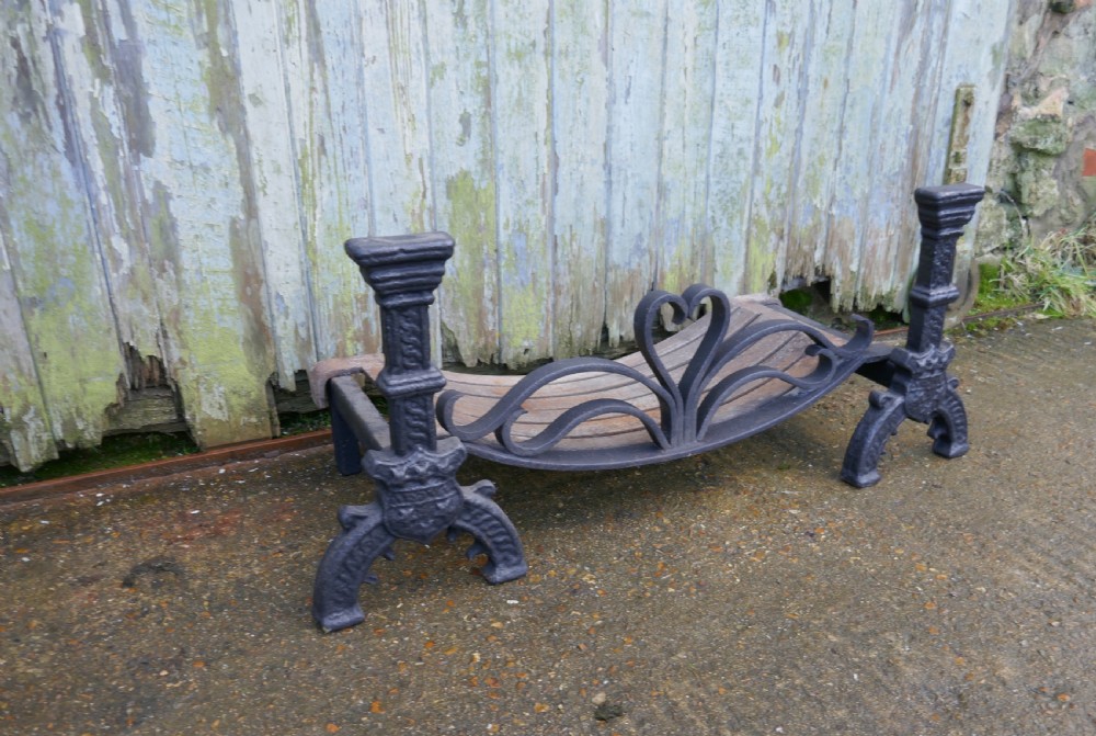 19th Century Celtic Design Iron Andirons with Fire Grate  View VI
