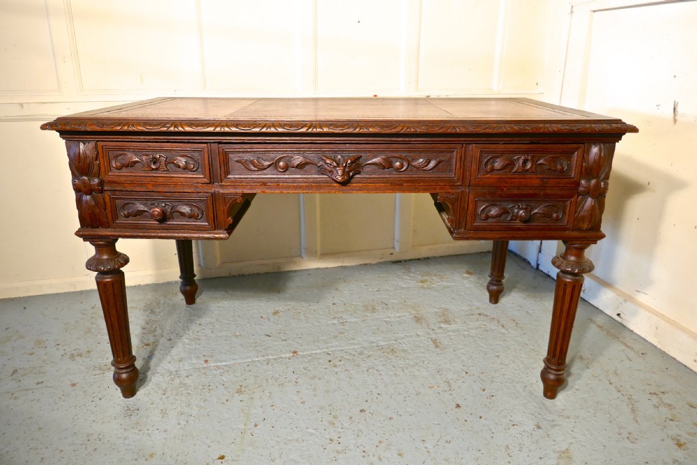 Green Man Carved Gothic Oak Writing Table View IV