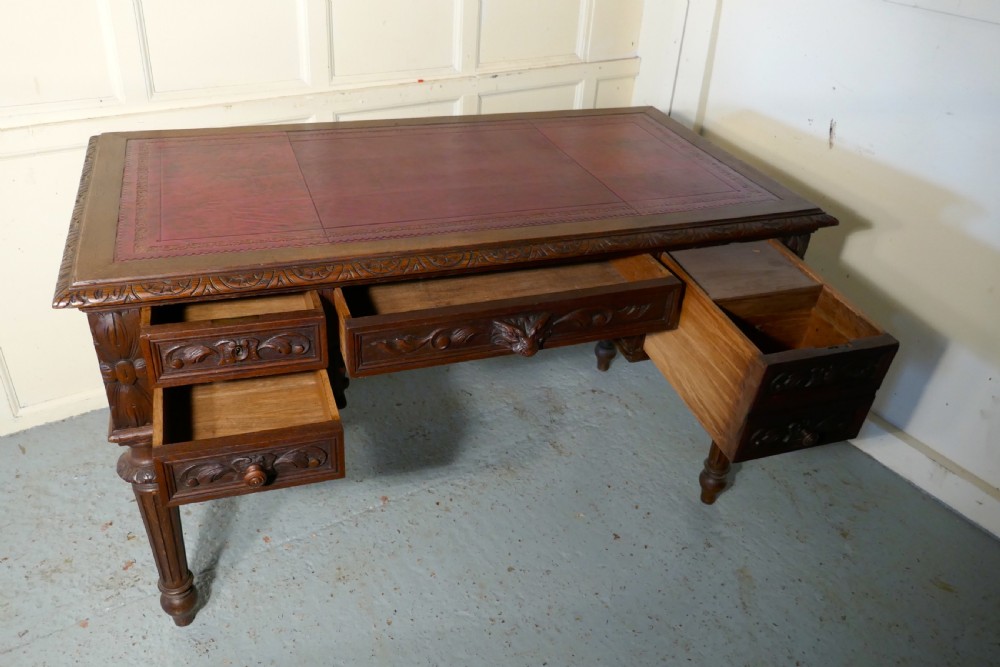 Green Man Carved Gothic Oak Writing Table View VI