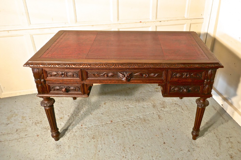 Green Man Carved Gothic Oak Writing Table View VIII