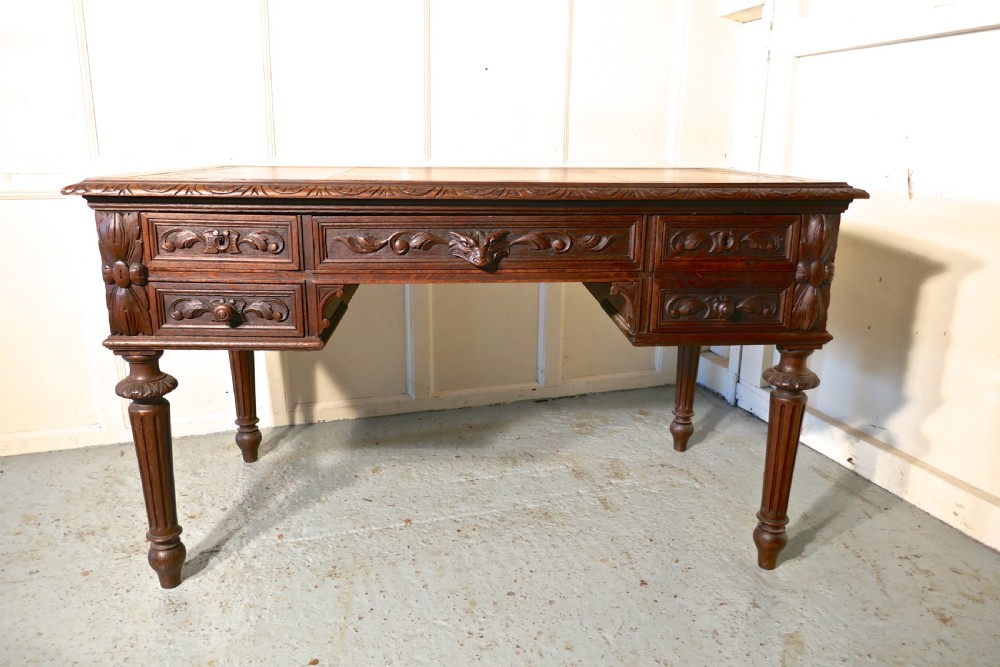 Green Man Carved Gothic Oak Writing Table View IX