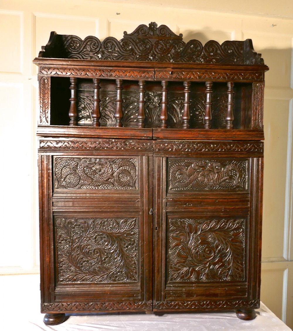 17th Century Antique Housekeepers Oak Food Cupboard, Bread Hutch