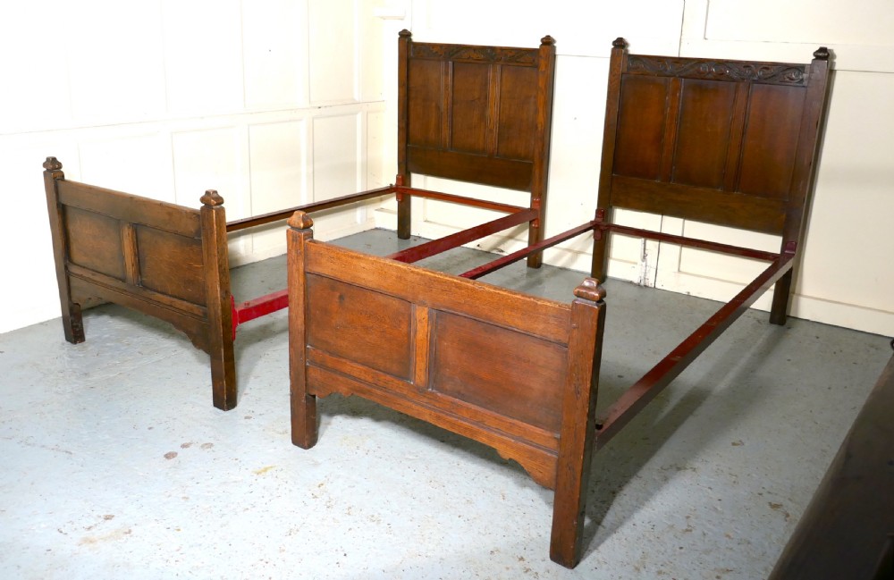 Pair of Arts and Crafts Gothic Oak Twin Beds View III