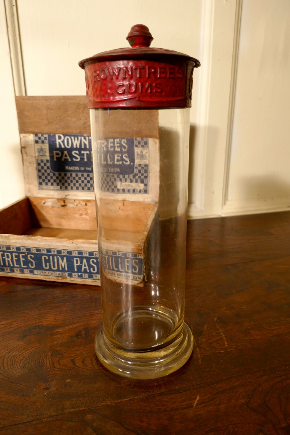 A pair of 19th Century Rountree’s Sweet Gums Jars with Carton View II