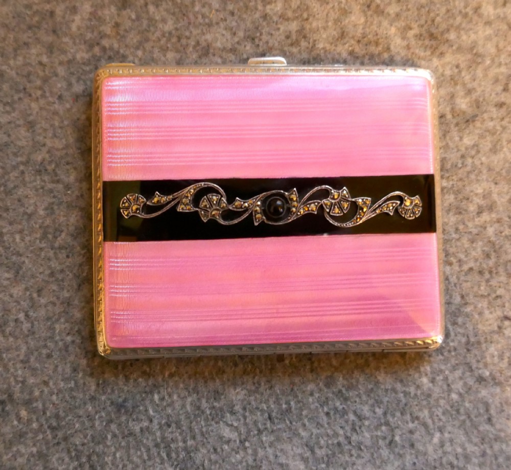 French Silver and Pink Guilloche Enamel Art Deco Cigarette Case