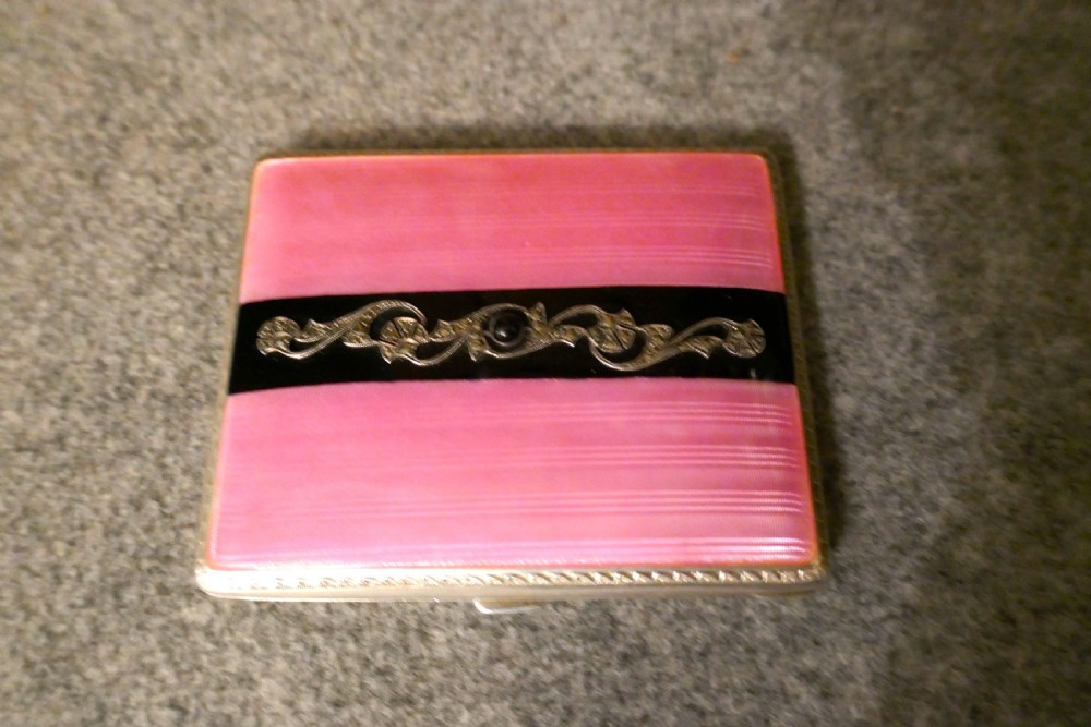 French Silver and Pink Guilloche Enamel Art Deco Cigarette Case View X