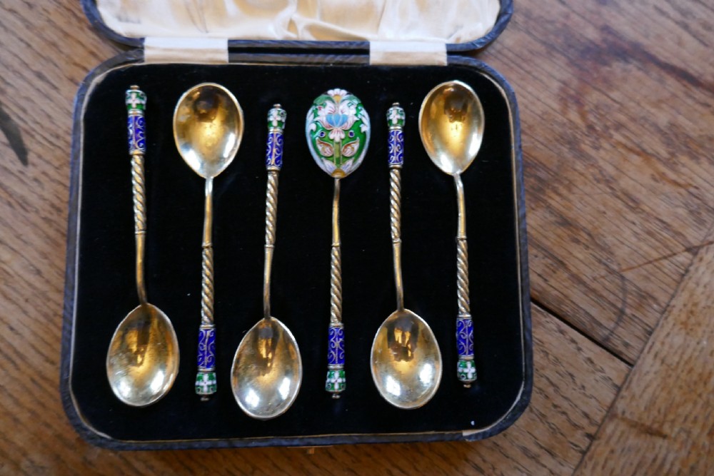 A Good Set Of 6 Russian Imperial Silver Polychrome Cloisonné Enamel Spoons  View III