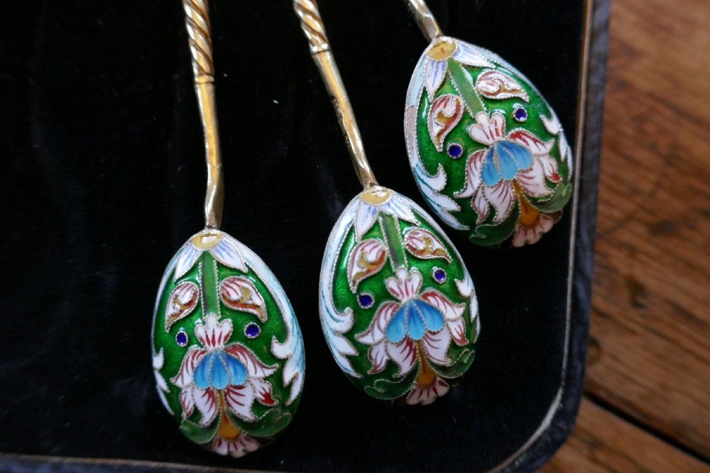 A Good Set Of 6 Russian Imperial Silver Polychrome Cloisonné Enamel Spoons  View VI