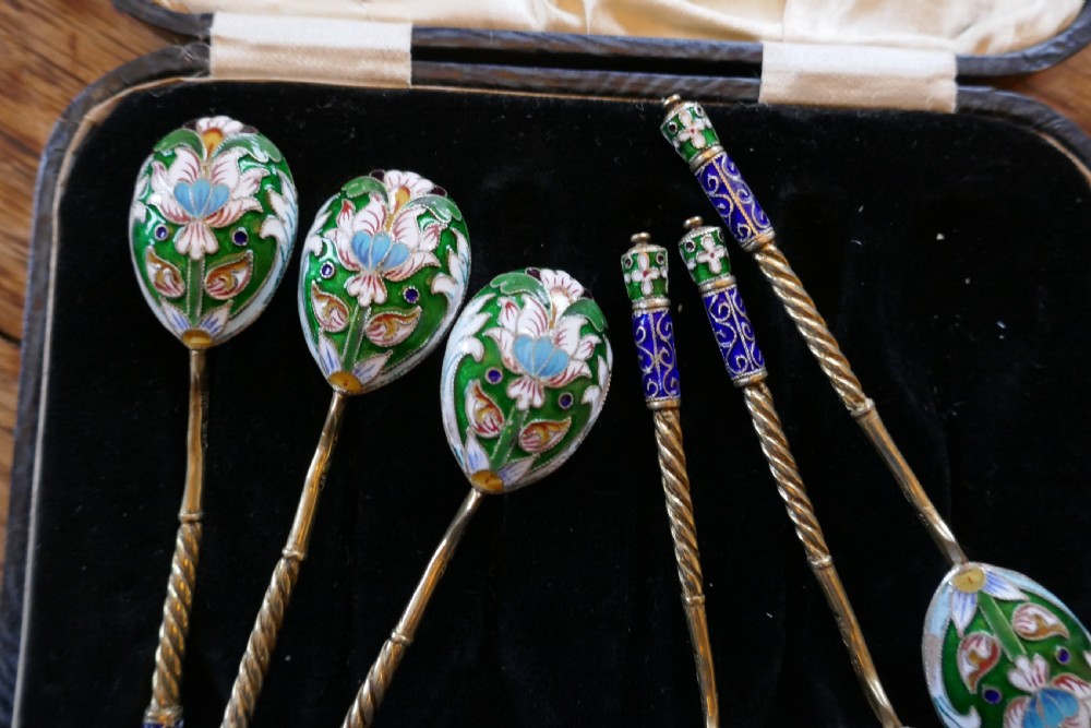 A Good Set Of 6 Russian Imperial Silver Polychrome Cloisonné Enamel Spoons  View VII