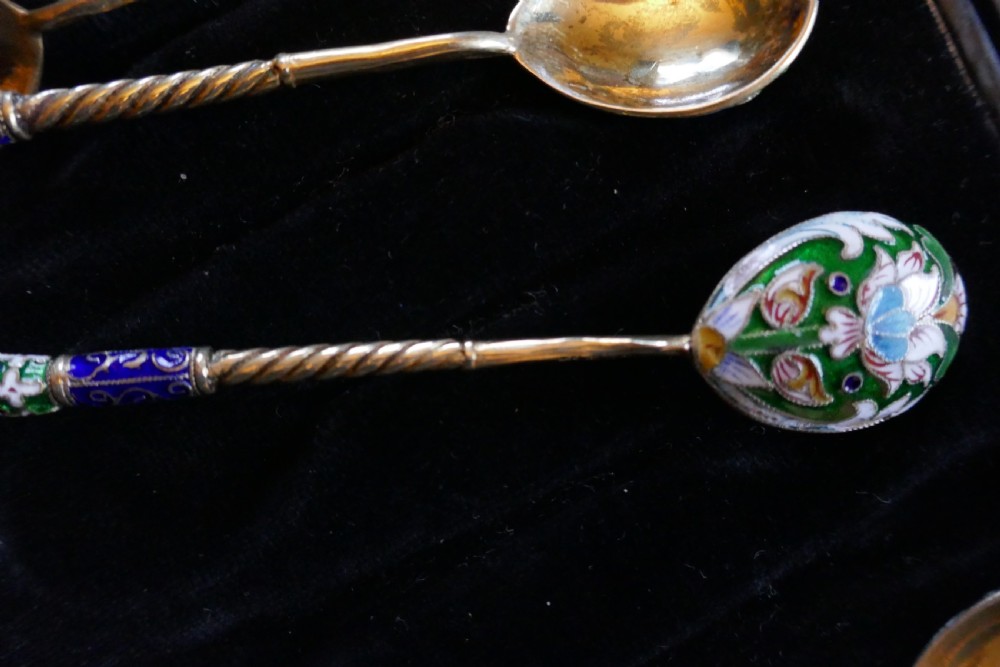 A Good Set Of 6 Russian Imperial Silver Polychrome Cloisonné Enamel Spoons  View VIII