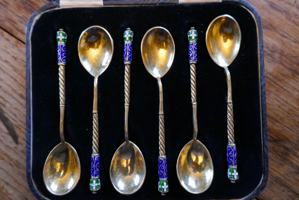 A Good Set Of 6 Russian Imperial Silver Polychrome Cloisonné Enamel Spoons  View IX