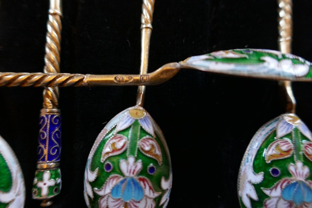 A Good Set Of 6 Russian Imperial Silver Polychrome Cloisonné Enamel Spoons  View X