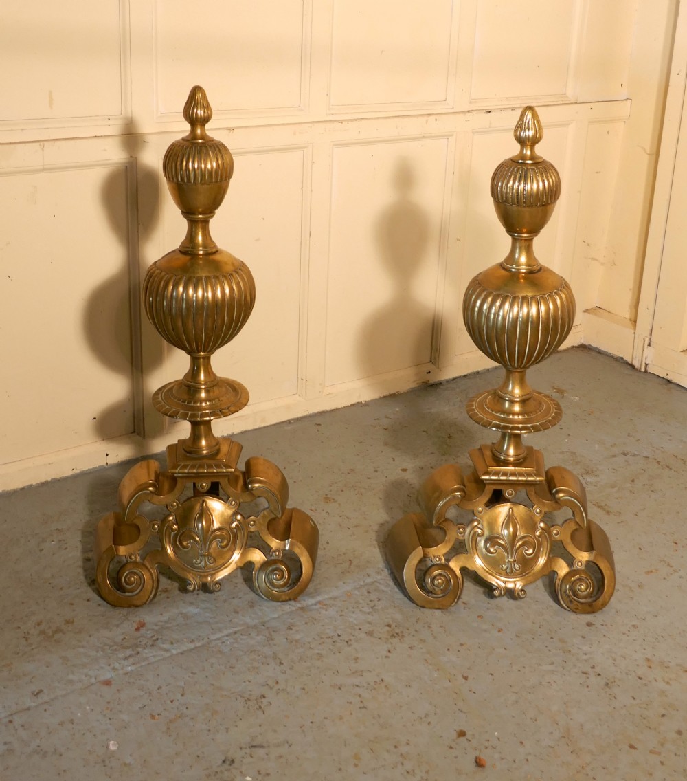 Enormous and Heavy Pair of French Brass Andirons,Fire Dogs or Chenets