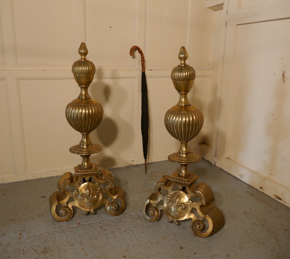 Enormous and Heavy Pair of French Brass Andirons,Fire Dogs or Chenets View III