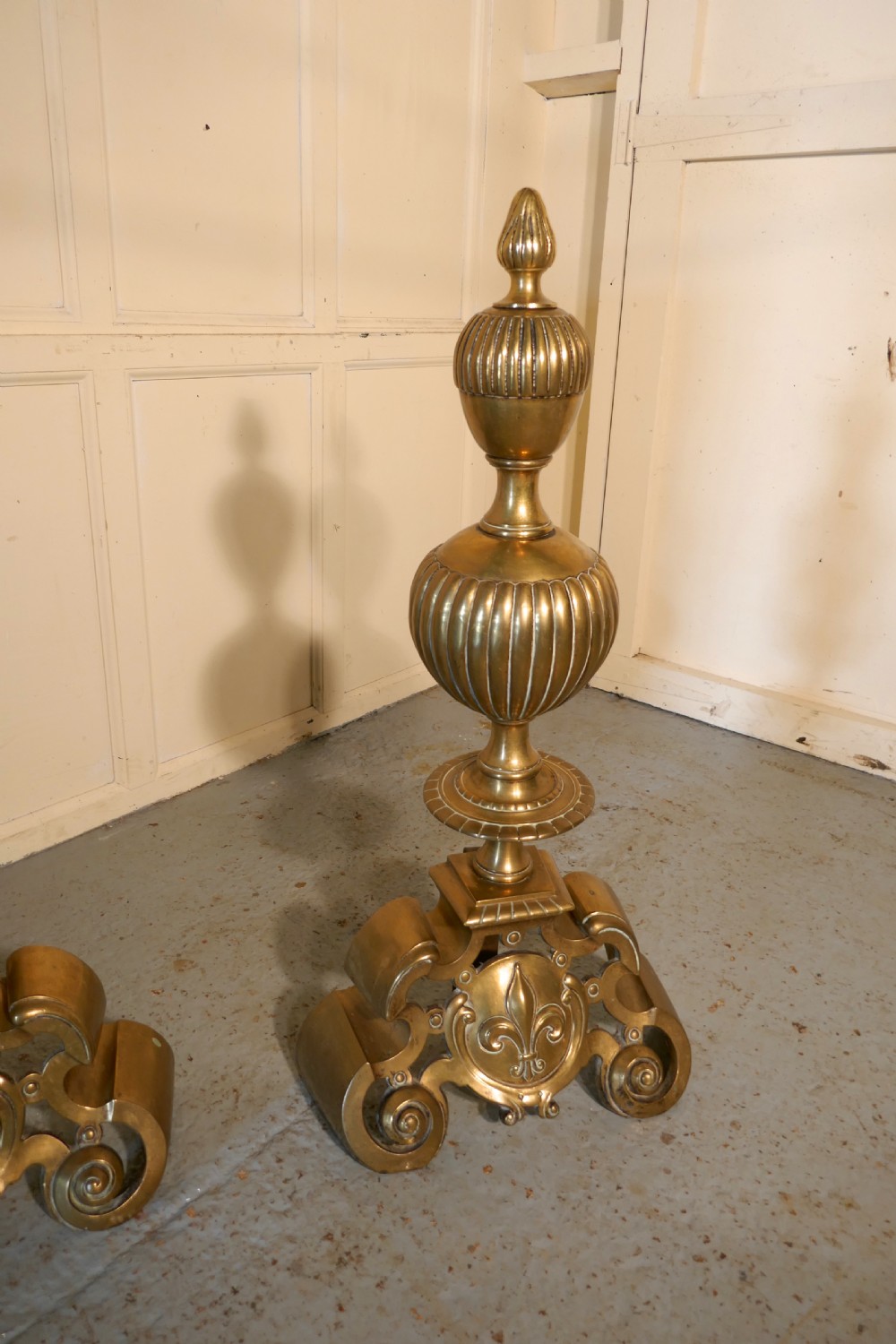 Enormous and Heavy Pair of French Brass Andirons,Fire Dogs or Chenets View IV