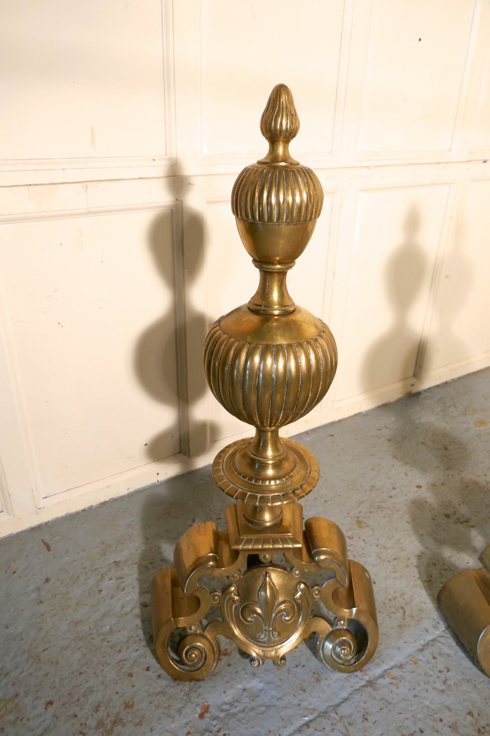 Enormous and Heavy Pair of French Brass Andirons,Fire Dogs or Chenets View VI