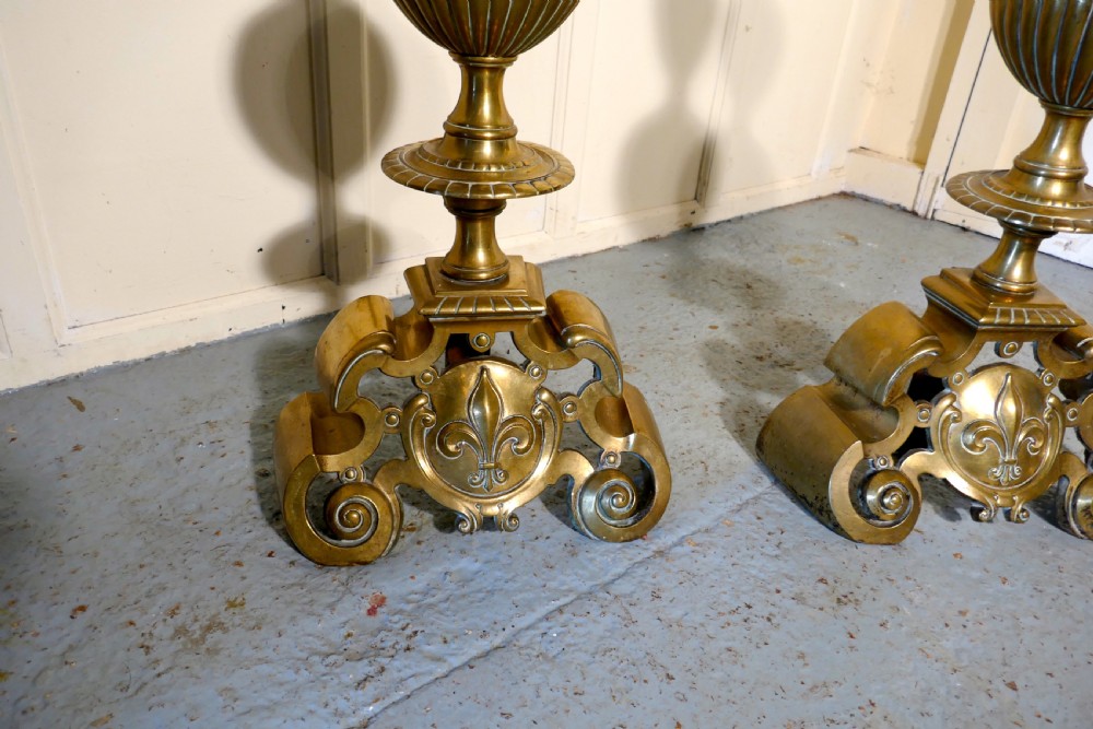Enormous and Heavy Pair of French Brass Andirons,Fire Dogs or Chenets View VII