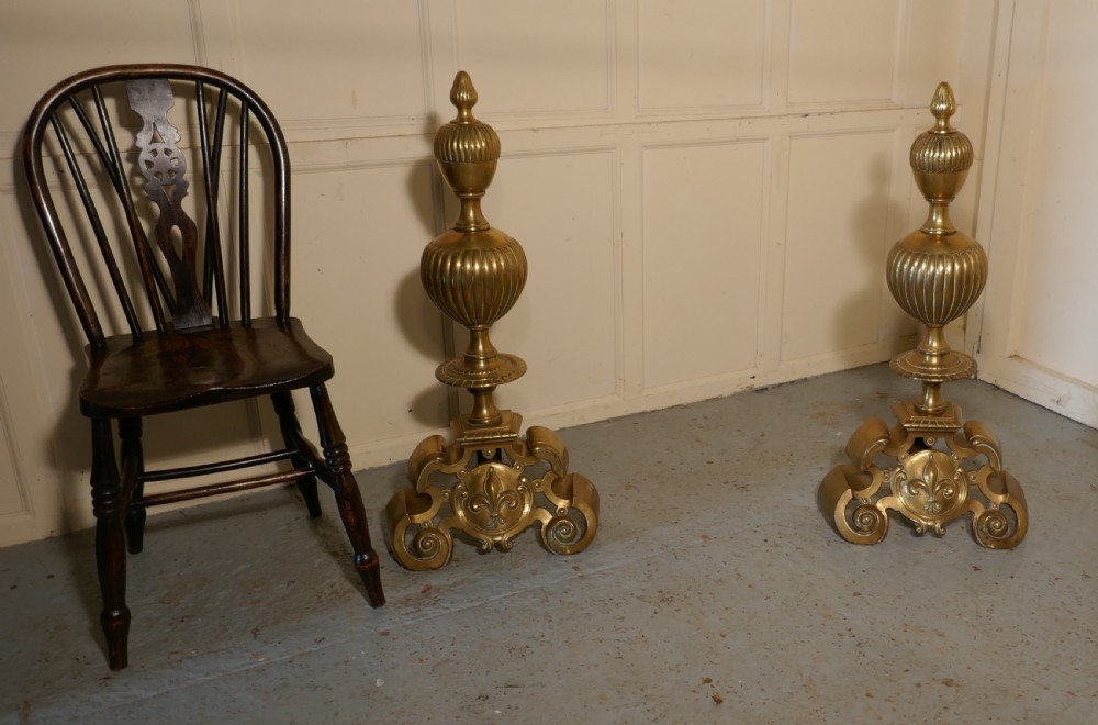 Enormous and Heavy Pair of French Brass Andirons,Fire Dogs or Chenets View IX