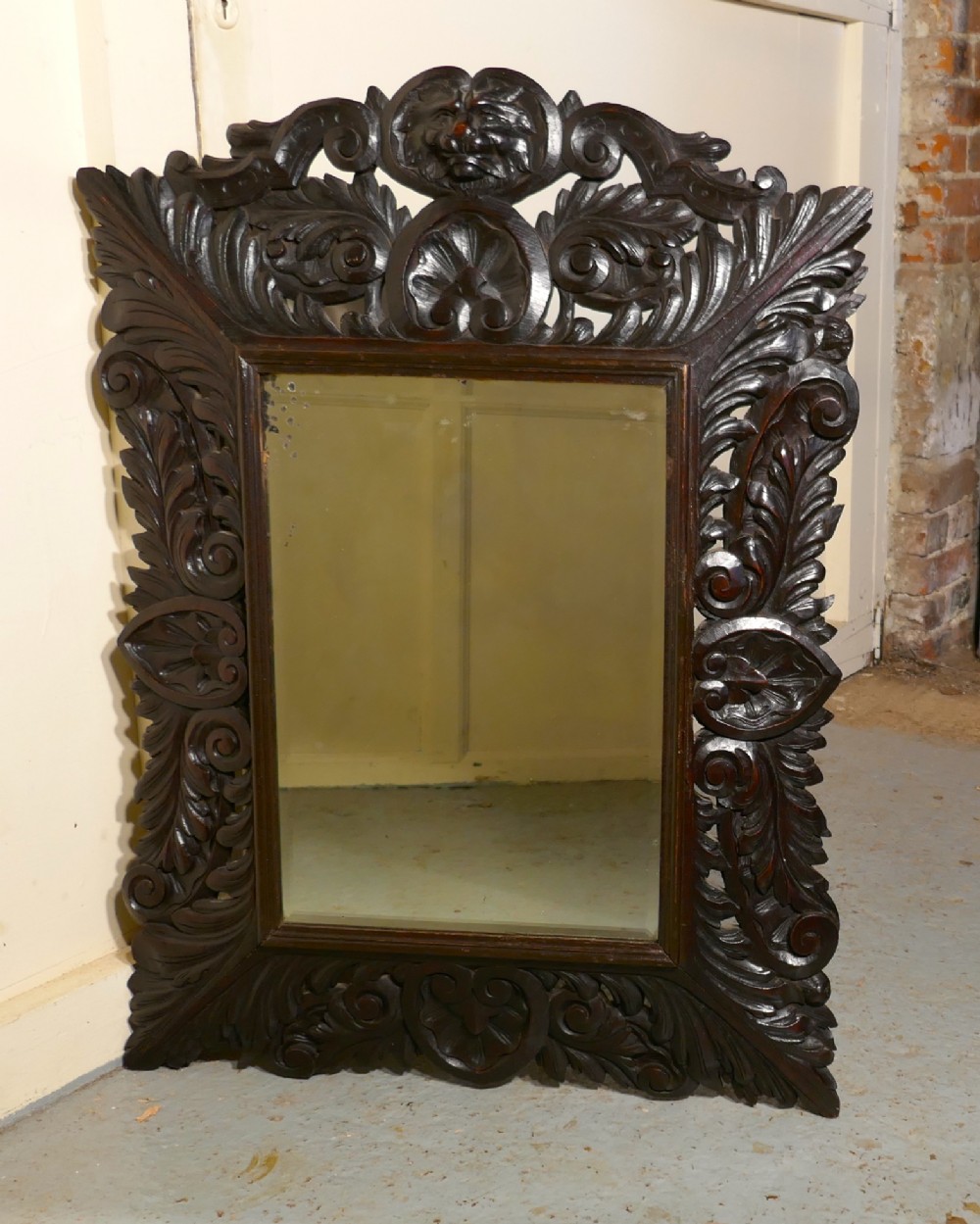 Large Gothic Green Man Carved Oak Mirror