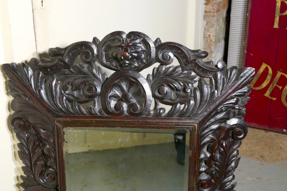 Large Gothic Green Man Carved Oak Mirror View II