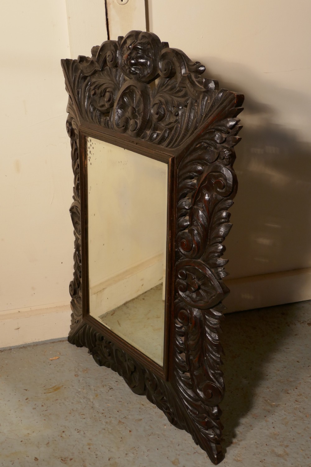 Large Gothic Green Man Carved Oak Mirror View V