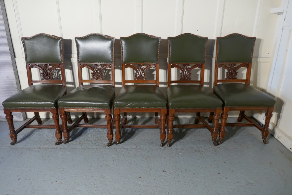 Set of 11 Arts and Crafts Golden Oak and Leather Dining Chairs   View III