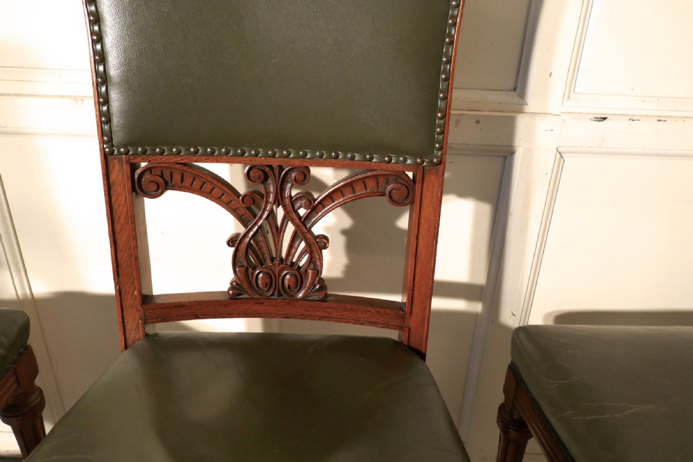 Set of 11 Arts and Crafts Golden Oak and Leather Dining Chairs   View VII