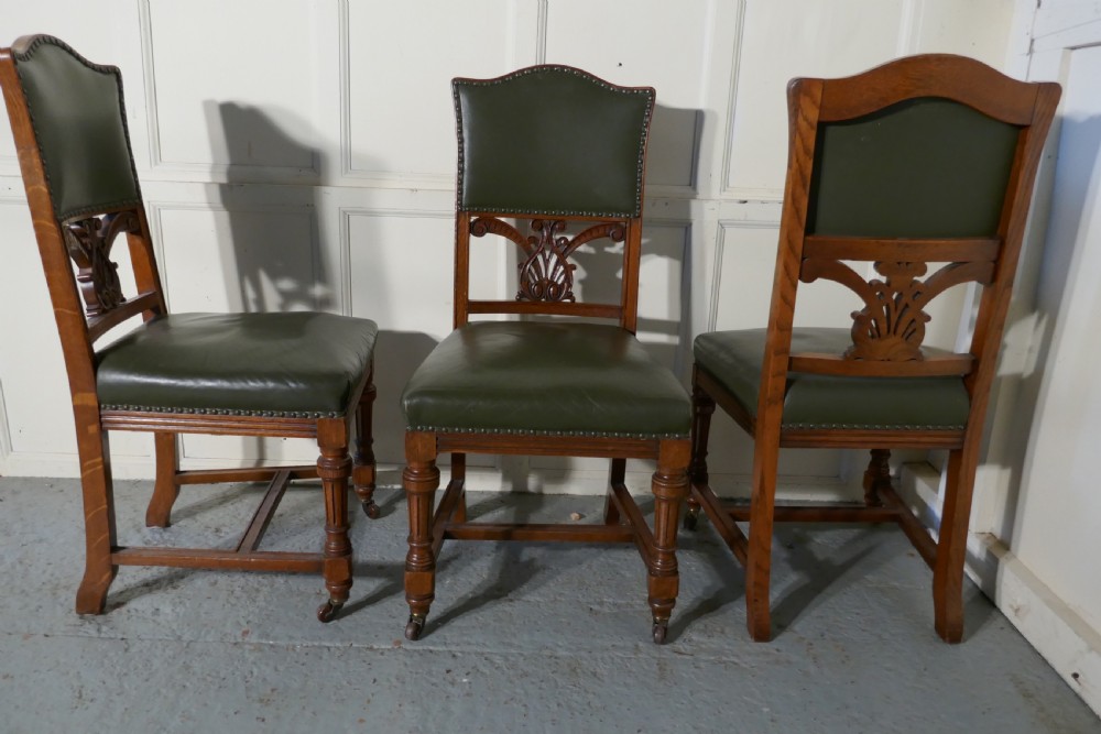 Set of 11 Arts and Crafts Golden Oak and Leather Dining Chairs   View VIII