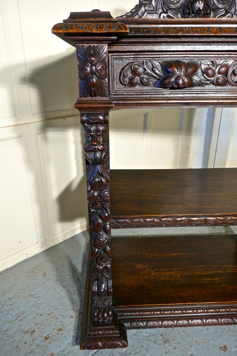 Small Gothic Victorian Carved Oak Green Man Buffet.  View VIII