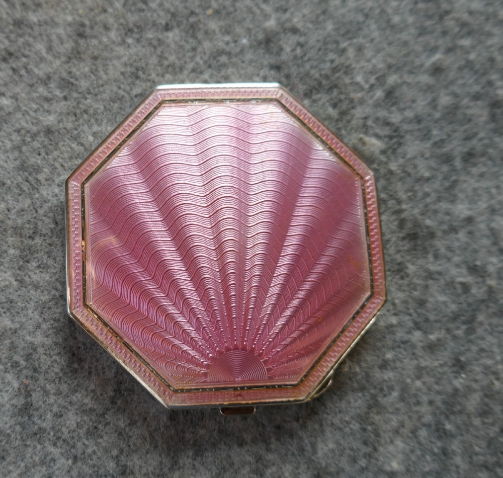 Pink Sterling Silver Guilloche Enamel Art Deco Compact Case  View IX