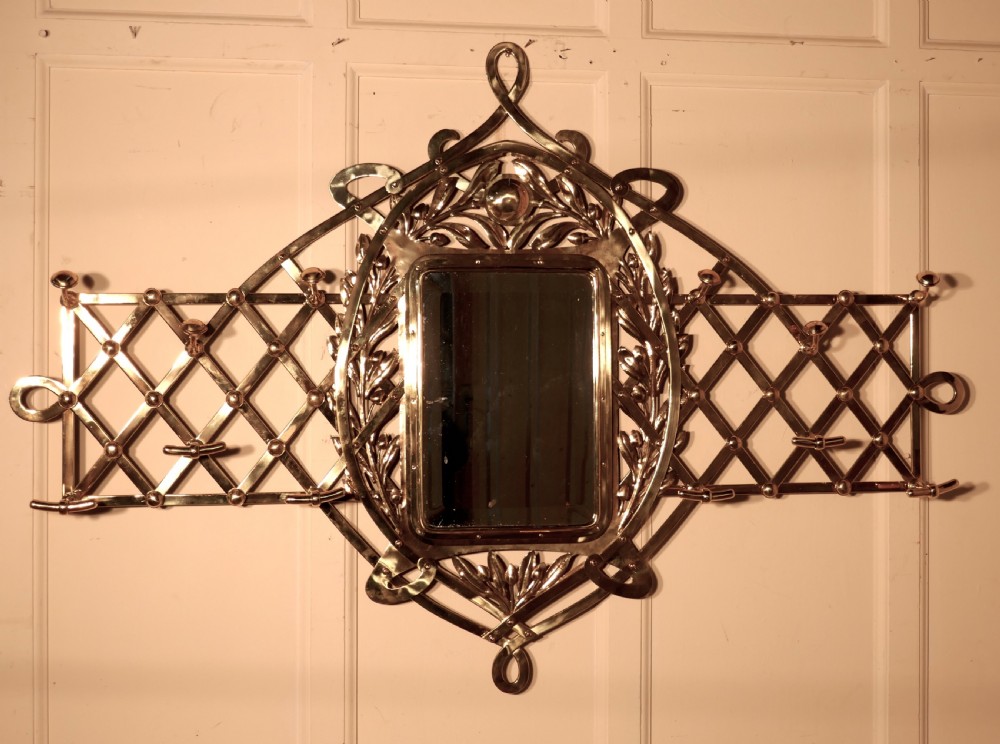 Large Arts and Crafts Brass Hall Mirror, wall hanging Coat and Hat Stand 