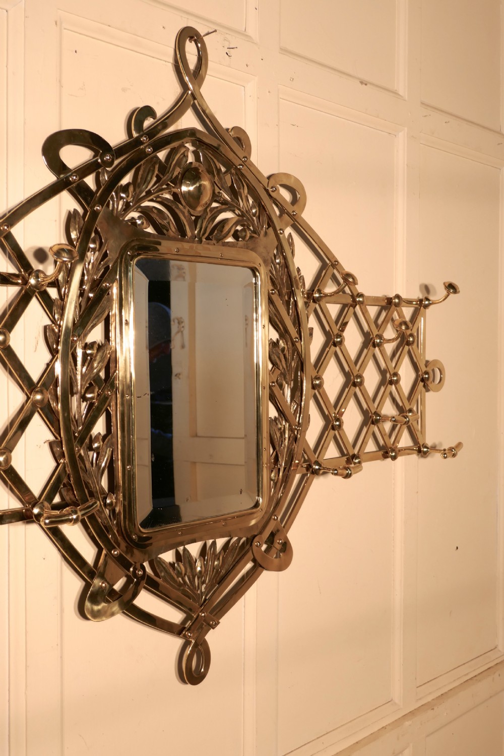 Large Arts and Crafts Brass Hall Mirror, wall hanging Coat and Hat Stand  View V