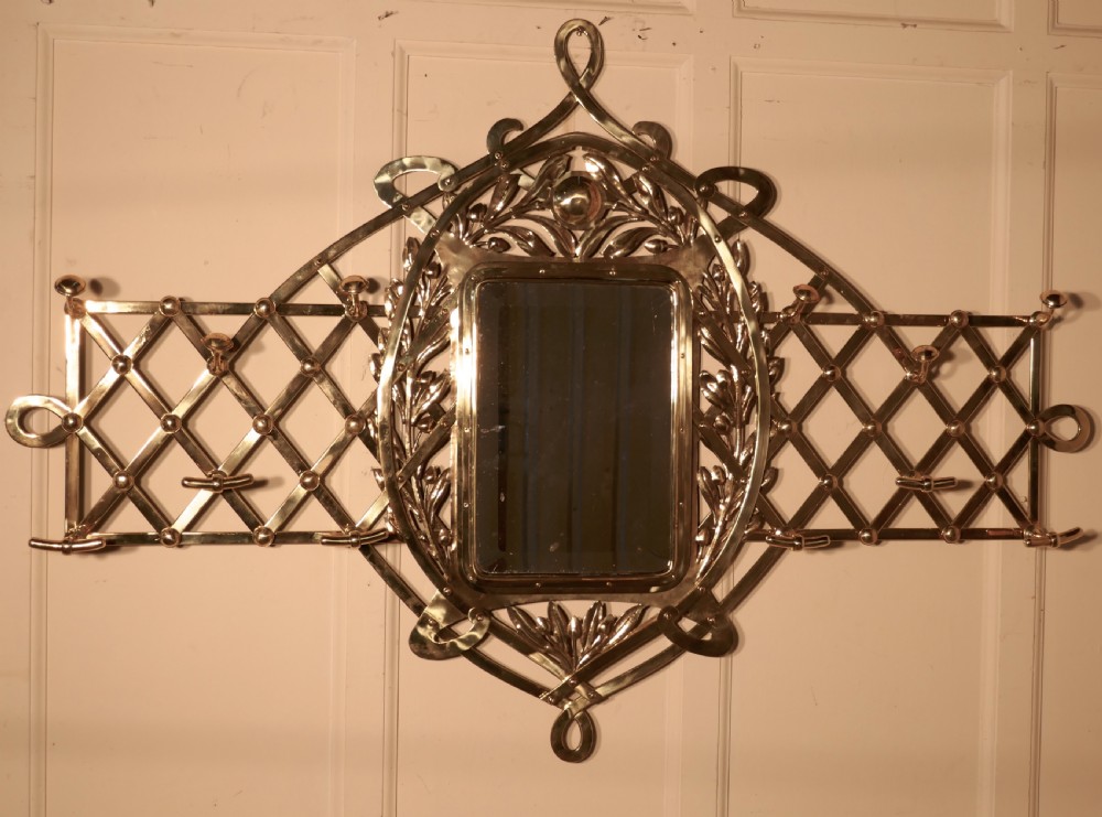 Large Arts and Crafts Brass Hall Mirror, wall hanging Coat and Hat Stand  View VII