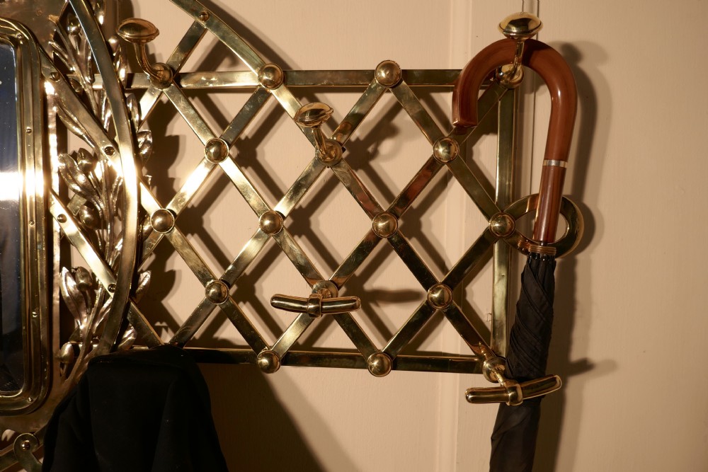 Large Arts and Crafts Brass Hall Mirror, wall hanging Coat and Hat Stand  View VIII