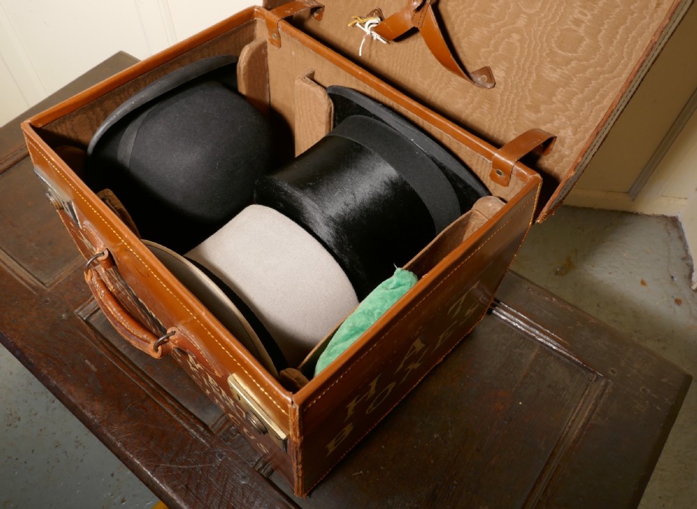 Salesman’s Sample EdwardianLeather Hat Box and 3 Hats, Drew and Sons Trunk Makers View VI