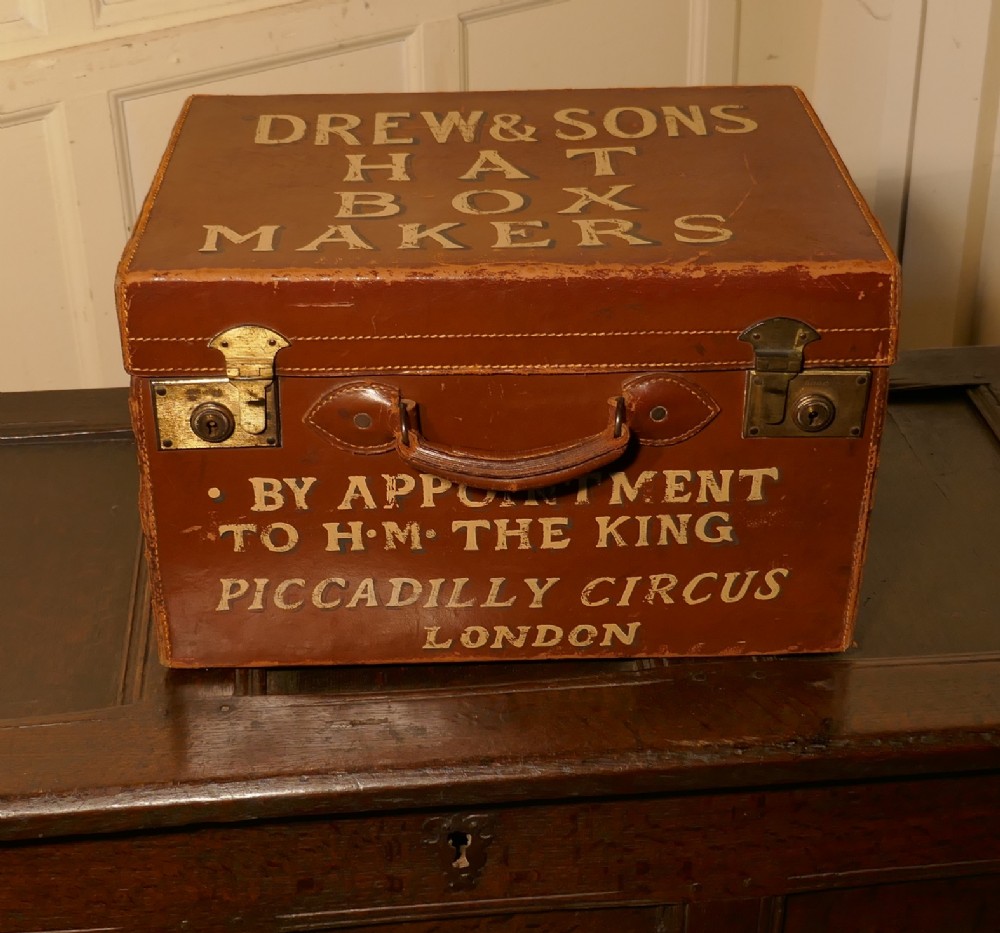 Salesman’s Sample EdwardianLeather Hat Box and 3 Hats, Drew and Sons Trunk Makers
