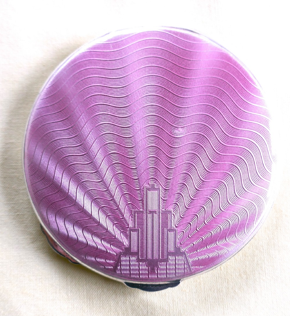 Pink Silver Guilloche Enamel Art Deco Powder Compact by William Neale and Son.