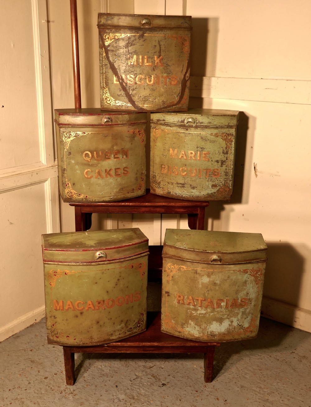 5 Large Victorian Baker’s Shop Tins, Toleware Biscuit Canisters