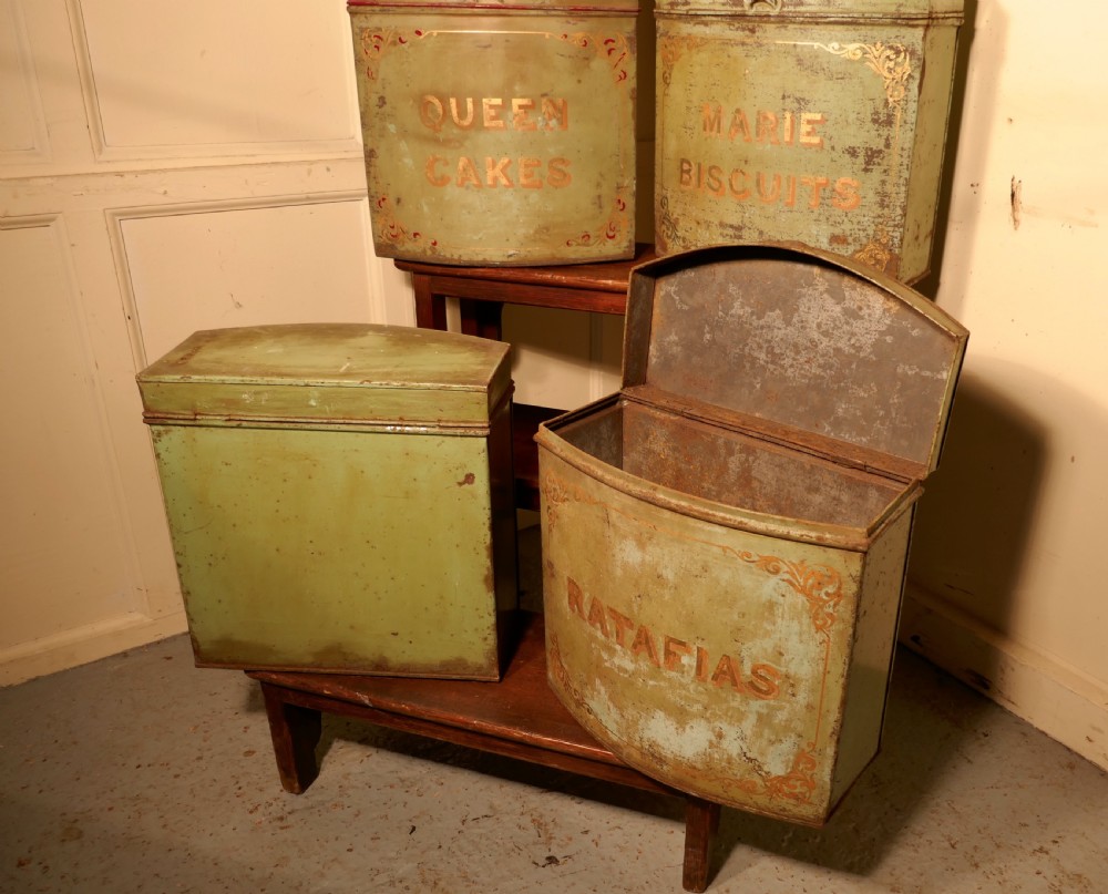 5 Large Victorian Baker’s Shop Tins, Toleware Biscuit Canisters View II